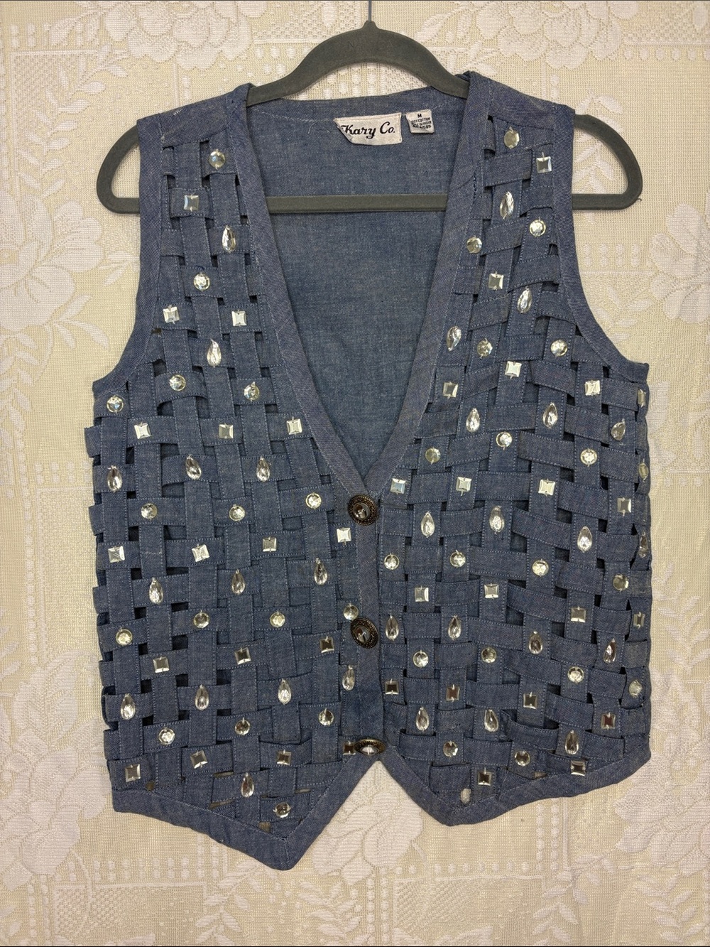 Cool Art Teacher Vibes Basket Weave Rhinestone Embellished Vest Button Detail